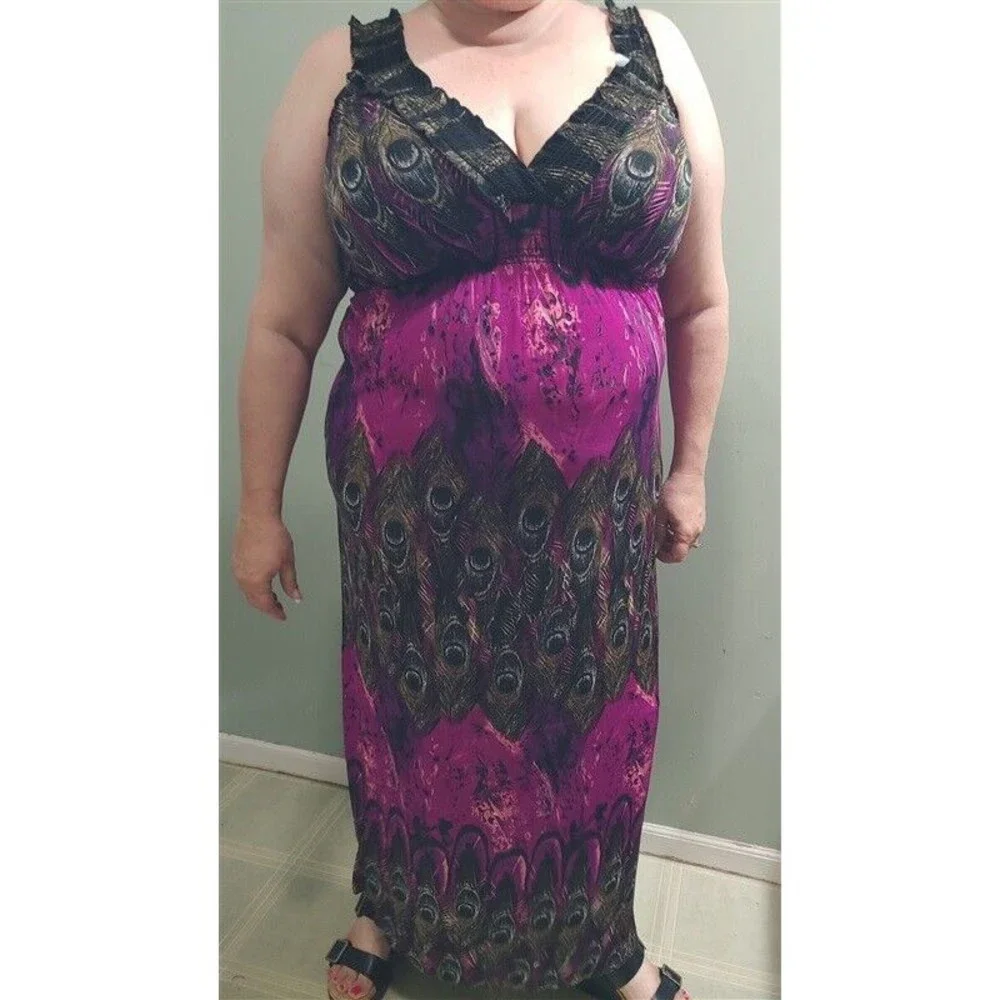 NWT V-Neck Sleeveless Purple & Peacock Print Stretch Maxi Dress Sundress M 09 - Picture 4 of 4